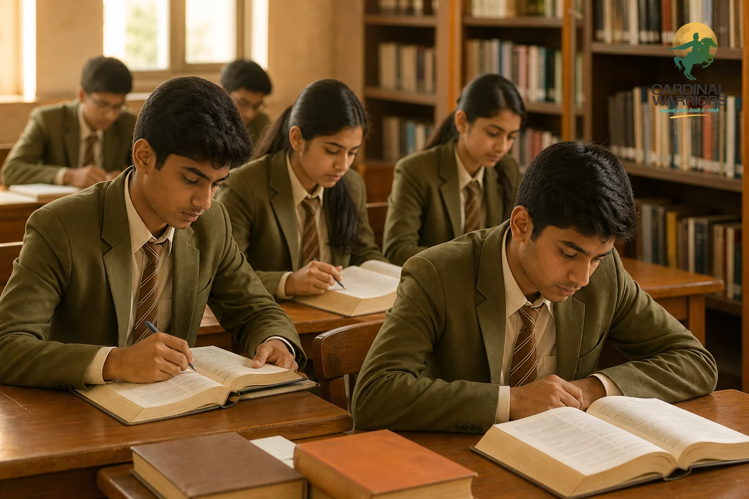 photorealistic photo of Indian teenage students in olive-toned school uniforms sitting at wooden library tables with commerce and accountancy textbooks open, warm afternoon light, bookshelves in background, earthy brown and amber tones