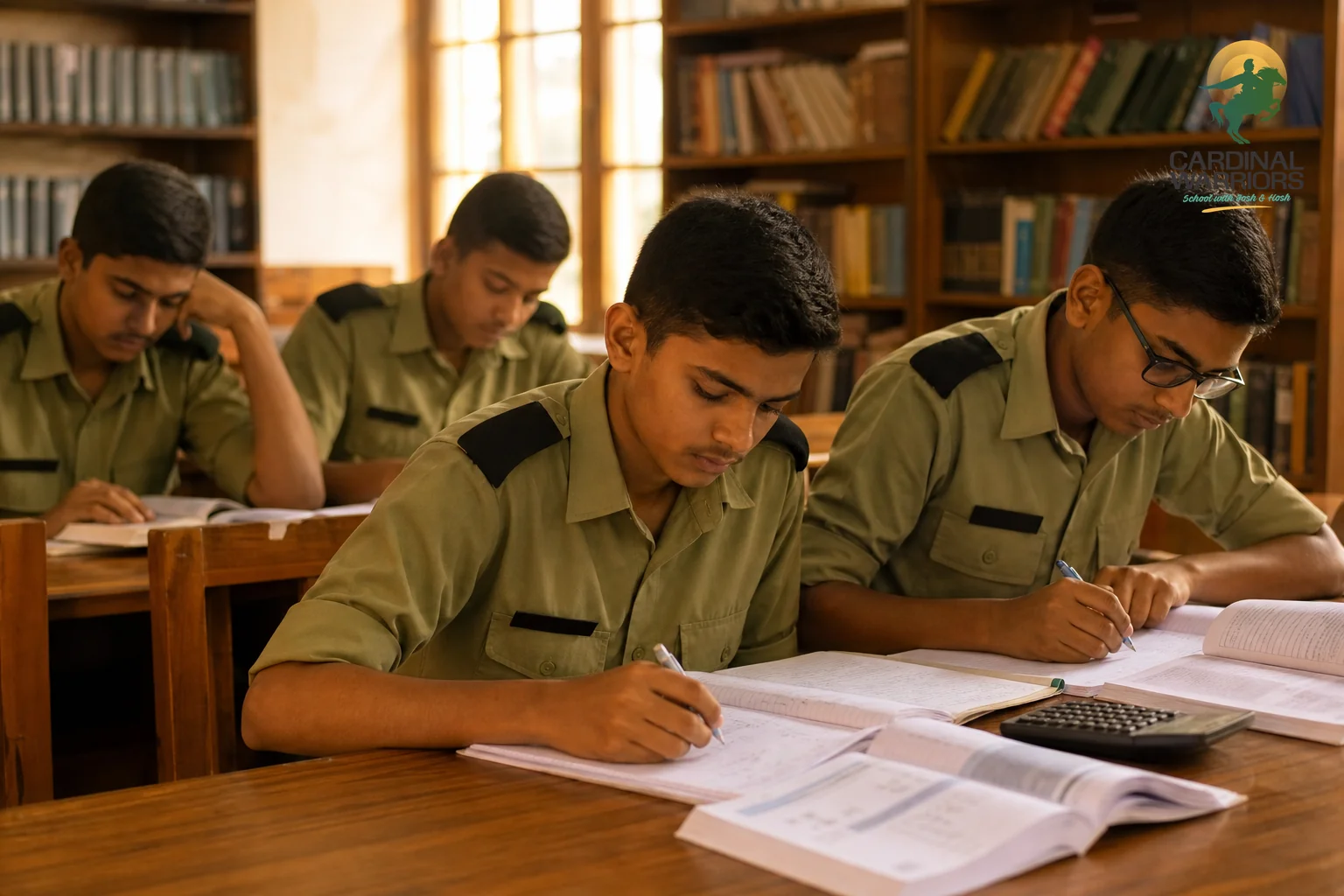 Photorealistic photo of teenage Indian students in olive-green cadet uniforms sitting at wooden library desks, focused on mathematics textbooks and notebooks, warm afternoon light streaming through windows, bookshelves in background, warm