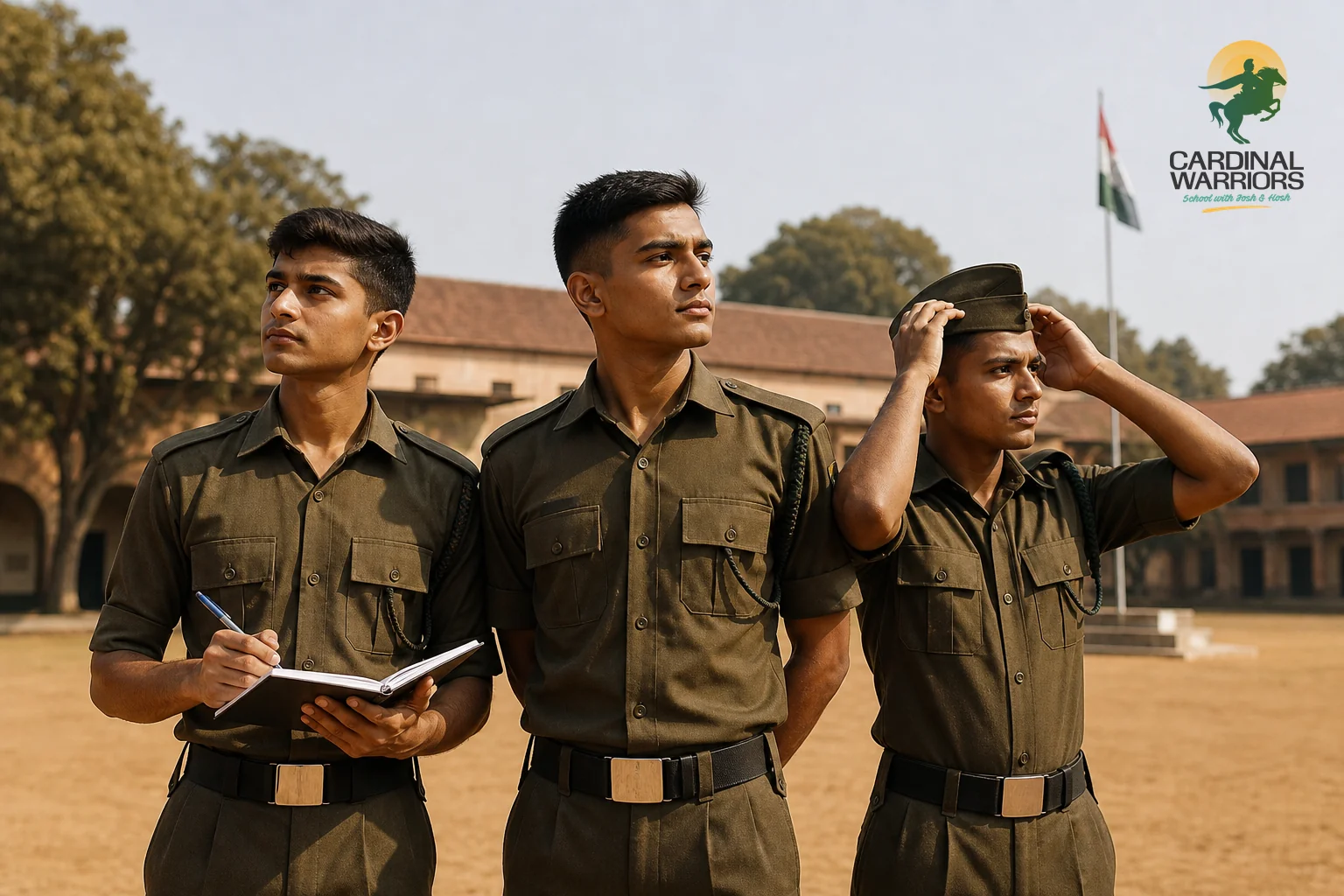 Split composition showing different defence career paths side by side. Photorealistic photo of three young Indian cadets in olive uniform standing together on a school parade ground in daylight, one holding a notebook, one looking toward a