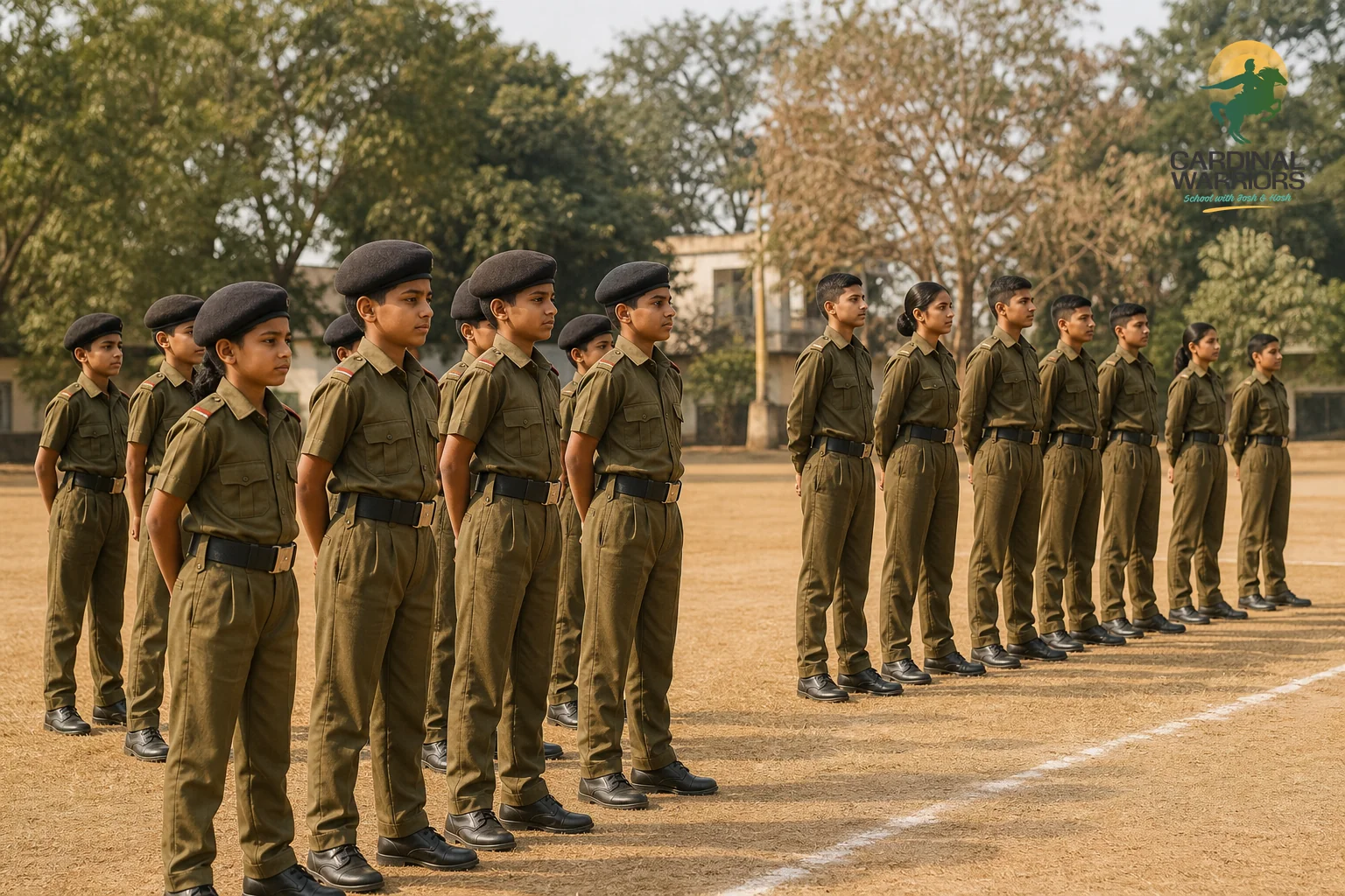 Two age groups of cadets in uniform, symbolising the two entry points. photorealistic photo of two groups of Indian boy and girl cadets in olive military-style school uniforms, one group of younger children around age 10-11 and one group of