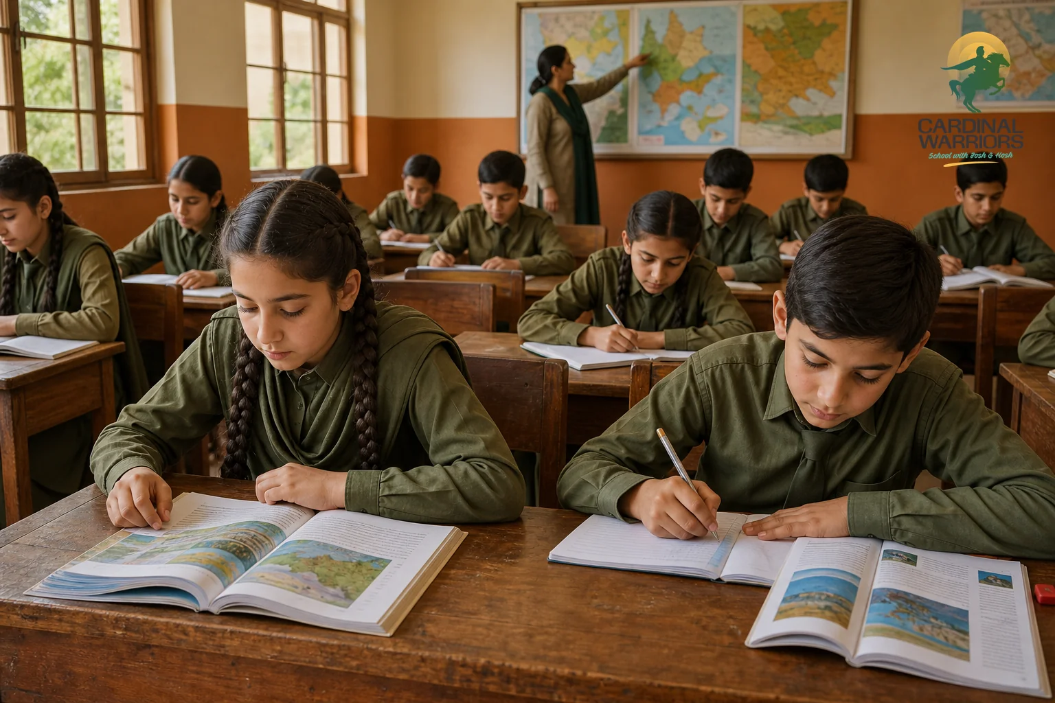 Young boarding school students studying Maths and GK books at desks in a classroom. Photorealistic photo of young boys and girls around 10-11 years old in olive-toned school uniforms sitting at wooden desks in a bright classroom, reading