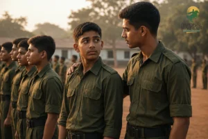 Cadets adjusting to new residential and drill routine in early weeks. Photorealistic photo, warm earthy tones of ochre brown and olive (#b55711, #794518, #8b8a3f), a group of young cadets in olive uniform lined up outdoors on a dusty campus