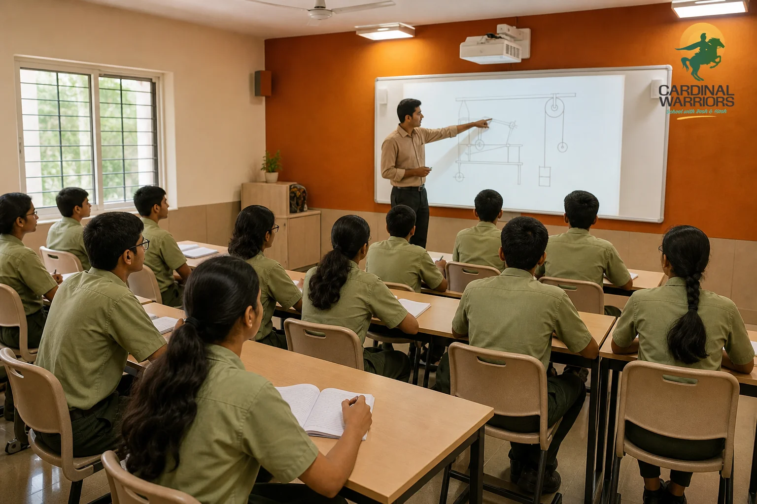 Cadets in a smart classroom with a coaching-style physics diagram on the board, teacher instructing, military-disciplined seating. Photorealistic photograph inside an Indian CBSE school smart classroom, teenage students in olive-toned