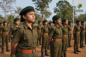 Girl cadets in uniform standing in formation on a boarding school campus in Chhattisgarh. photorealistic photograph of a group of Indian girl cadets aged 10-16 in olive-green military school uniforms standing in disciplined formation on an