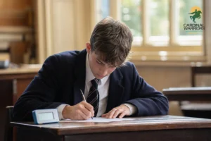 A cadet writing quickly at a desk during a timed psychology-style test in a classroom. photorealistic photograph of a teenage boy in a school uniform writing rapidly with a pen on paper at a wooden desk in a sunlit classroom, focused