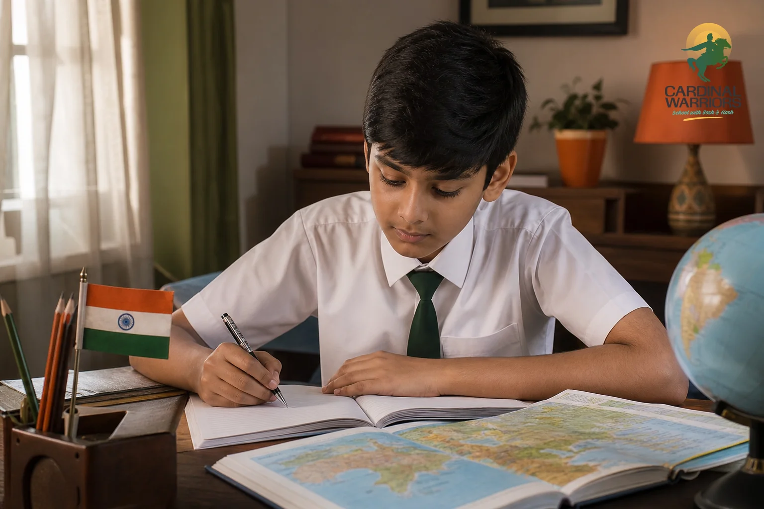 photorealistic photograph of an 11-year-old Indian boy in a neat school uniform sitting at a wooden desk in a warm-lit study room, open notebook and geography atlas in front of him, a small Indian flag on the desk, warm brown and ochre