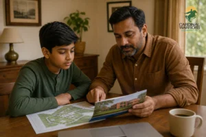 A parent and child looking at a school admission brochure with a campus map, distinguishing school pathway options. Photorealistic photograph of an Indian parent and a young child sitting together at a wooden desk reviewing an admission
