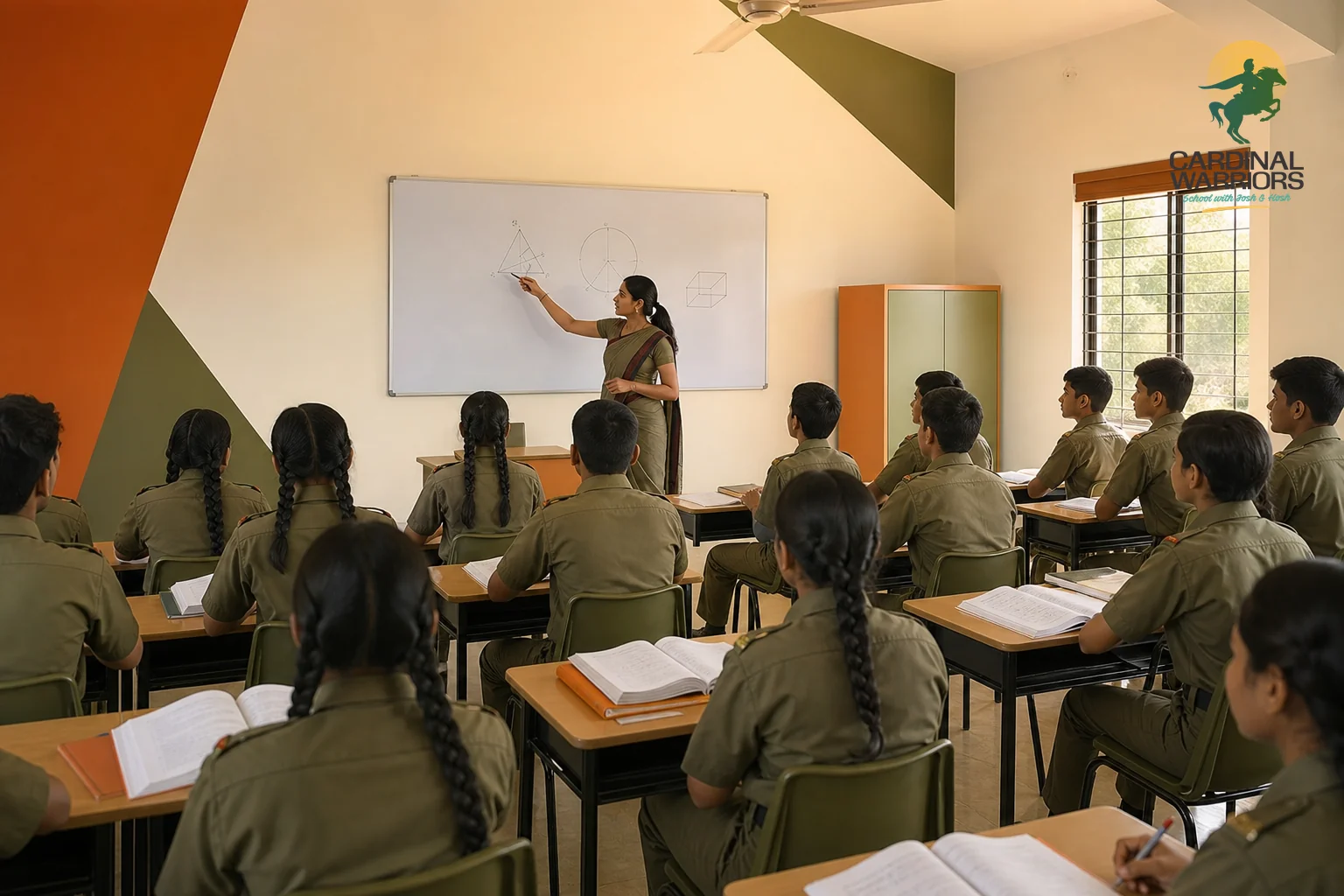 Wide shot of CBSE-affiliated Cardinal Warriors campus classroom activity in Nimora, Raipur. photorealistic wide-angle photo of a bright CBSE-affiliated Indian school classroom in Chhattisgarh, cadets in olive-toned uniforms seated at desks