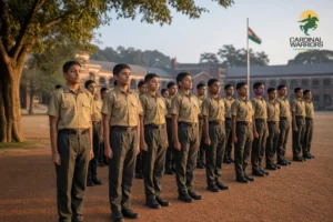 Wide shot of disciplined cadets in formation on a military school parade ground in Chhattisgarh. photorealistic, wide-angle photo of a group of uniformed school cadets aged 10-16 standing in disciplined straight rows on an outdoor parade