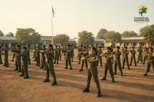 Students doing morning physical training drills at a military school campus. photorealistic: Wide shot of school-age children in olive-green military-style uniforms performing synchronized morning physical training drills on an open dusty