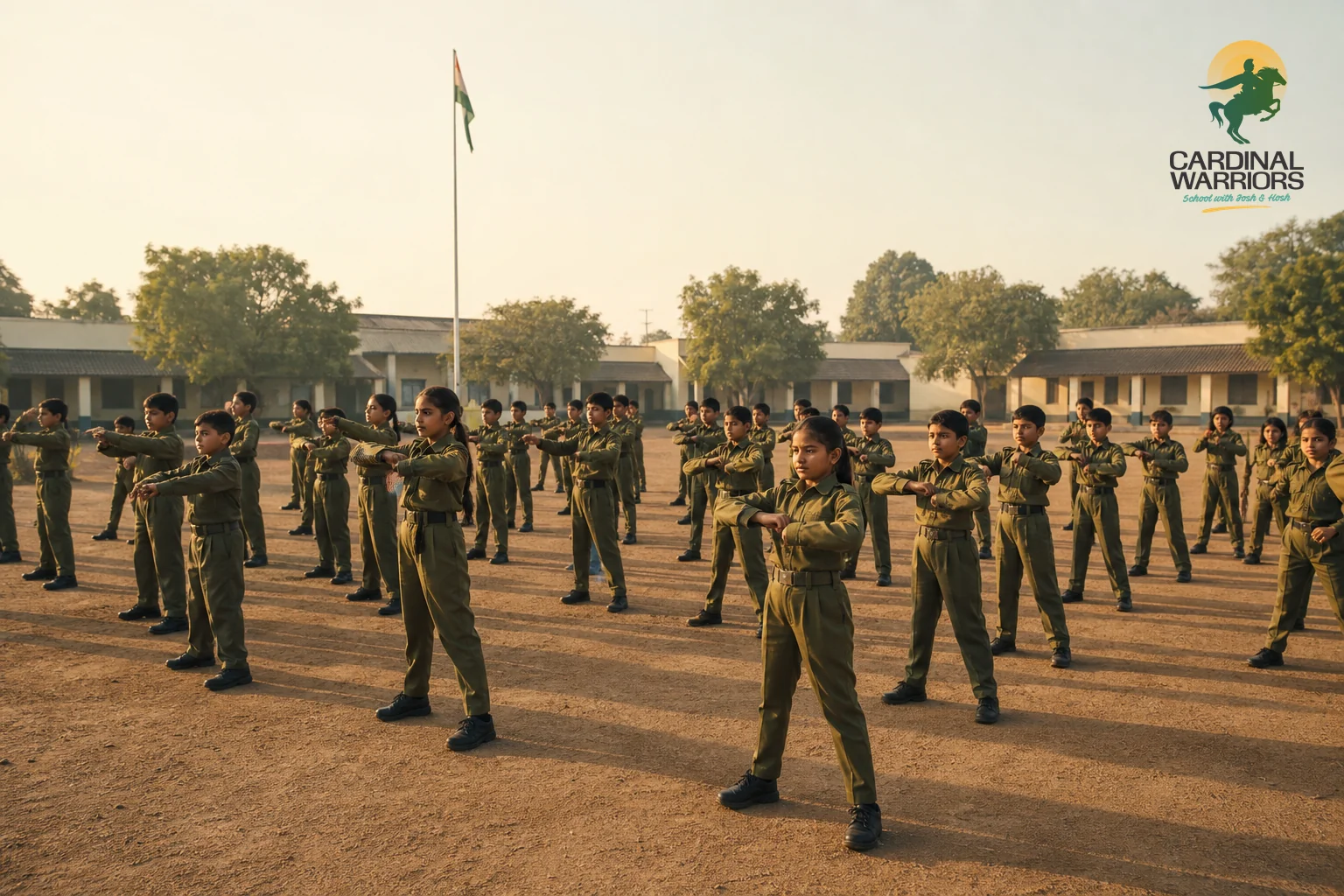 Students doing morning physical training drills at a military school campus. photorealistic: Wide shot of school-age children in olive-green military-style uniforms performing synchronized morning physical training drills on an open dusty