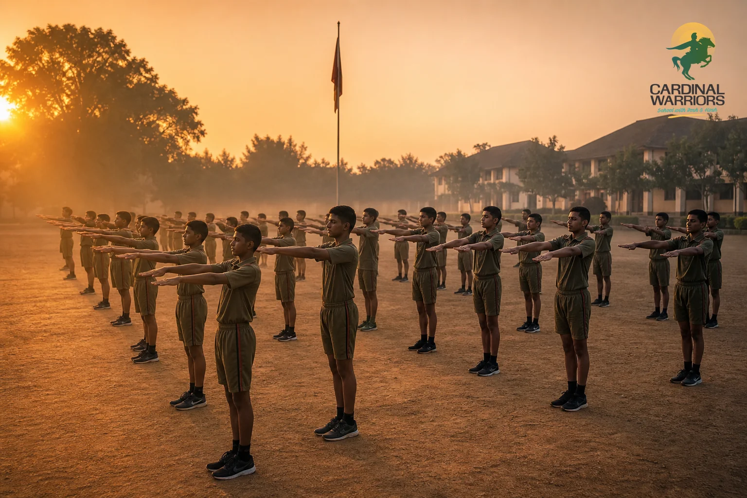 Cadets on the Nimora campus starting the day with morning PT in formation. Photorealistic wide shot of school cadets in olive-toned uniforms performing morning physical training in disciplined rows on an open ground at sunrise, warm amber